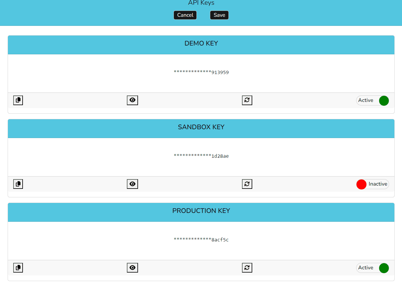 API Key Management Dashboard API Key Management Dashboard showing the three types of keys available